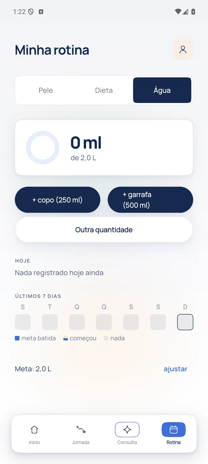 Aba Água: a meta do dia e os botões para registrar um copo ou uma garrafa.