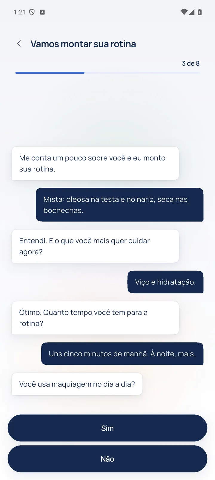 Consulta com a Vi: a conversa sobre pele e tempo de rotina, e a pergunta sobre maquiagem com os botões Sim e Não.